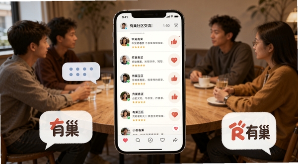有巢社区交流界面概念图,画面中心为手机屏幕,屏幕内展示用户评论列表与点赞图标,背景为暖色调的圆桌讨论场景虚化效果,前景漂浮着对话气泡与有巢的图形标识,体现社区互动与经验分享的氛围。