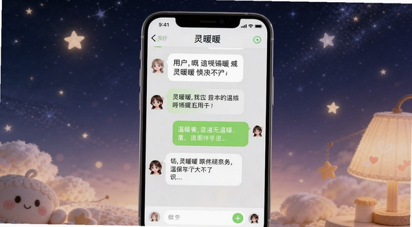 灵暖暖 功能展示图 画面中央是灵暖暖APP的聊天界面 气泡对话内容显示用户倾诉烦恼 灵暖暖回复温暖话语 背景是星空与柔光 突出陪伴感 适配Boogu模型生成
