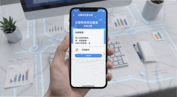 注册税务师全题库安装设置界面,手机屏幕显示权限管理与存储路径选项,背景为浅灰色科技感桌面,简洁扁平风格