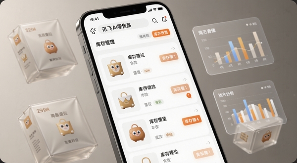 讯飞AI零售商品管理界面特写,画面展示手机屏幕中商品列表与库存预警标识,屏幕周围环绕半透明的商品包装盒与数据图表元素,背景为柔和的暖灰色调,突出智能管理与高效便捷的氛围,细节清晰,商业摄影风格