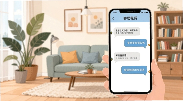 睿居租赁用户问答场景插画,手机屏幕显示问答对话框,背景为温馨的公寓客厅,有绿植和书架,扁平化风格,色彩柔和
