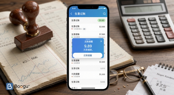 生意记账 欠款提醒与对账单界面展示图,画面中央为手机屏幕显示生意记账的欠款列表与还款提醒弹窗,背景为账本、印章、计算器等财务办公元素,主体坐标居中,背景区域左下角留出品牌标识位置,整体风格写实商务,适配Boogu模型生成
