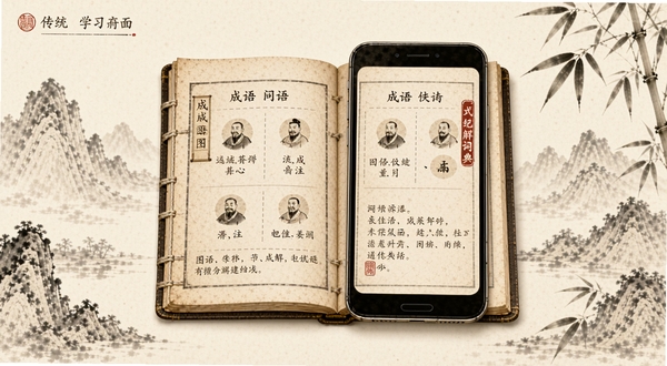 传统图解词典软件主界面展示，画面中央为一本展开的古典线装书造型的智能手机界面，书页上呈现成语图解与注释文字，背景为淡雅的水墨山水与竹叶元素，整体色调古朴温润，突出传统文化学习氛围