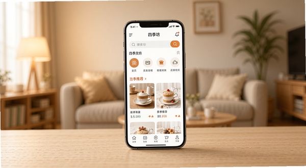 四季坊应用主界面全景展示，手机屏幕居中放置于浅色木纹桌面，屏幕内呈现四季坊商城首页，包含搜索栏、分类图标与当季推荐商品卡片，背景区域为虚化的家居环境，暖色调光线，画面干净整洁，突出移动端购物场景
