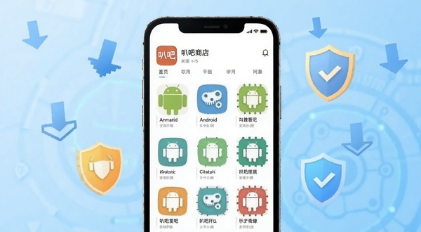 叭吧应用主界面展示，画面中央为手机屏幕模型，屏幕内显示叭吧应用商店首页，排列着各类安卓软件图标，背景为浅蓝色渐变科技风格，周围有悬浮的下载箭头和盾牌安全标识，整体明亮简洁，适配Boogu模型生成