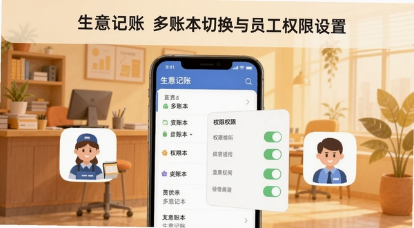 生意记账 多账本切换与员工权限设置界面示意图,画面中一部手机屏幕显示生意记账账本列表与权限开关面板,旁边有店员与店主形象的小图标,背景为暖色调办公环境,主体位于画面中央,背景区域上方留出标题空间,风格为扁平化科技插画,适配Boogu模型生成