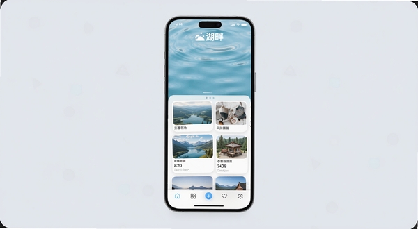 湖畔应用主界面全貌展示,手机屏幕中央是淡蓝色湖水波纹背景,界面顶部显示“湖畔”logo,中部为兴趣卡片流,底部导航栏清晰可见,背景为柔和浅灰色,整体风格清新简约,适配Boogu模型生成