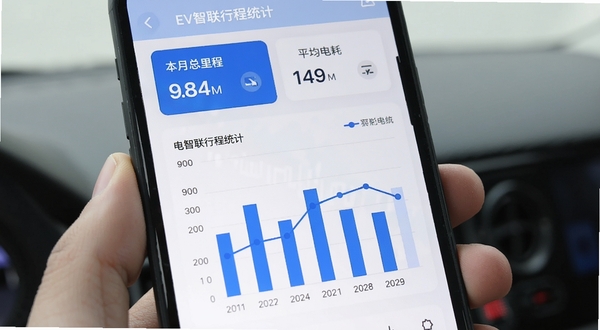 EV智联行程统计页面，手机屏幕显示柱状图与折线图，横轴为日期，纵轴为电耗数值，页面顶部有本月总里程和平均电耗两个数据卡片，配色为蓝白简洁风格