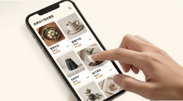 四季坊个性化推荐页面展示，手机屏幕呈现瀑布流商品卡片，每张卡片包含商品图、名称与价格，背景为柔和米白色，画面中有一只手正在滑动屏幕，体现流畅的浏览体验