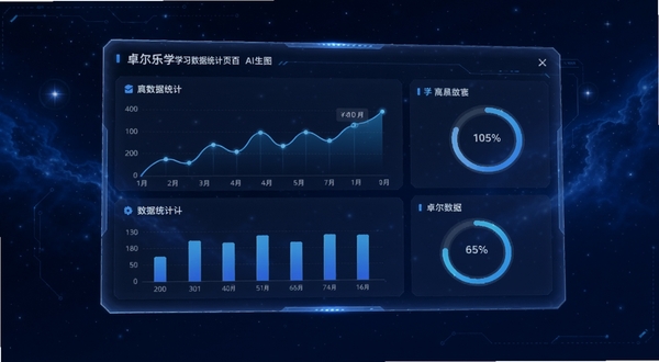 卓尔乐学学习数据统计页面AI生图，画面中央为一块悬浮的透明数据面板，面板上显示折线图、柱状图和环形进度条，数据标签清晰可见，背景为深蓝色星空渐变，整体风格偏向科技感与教育数据可视化