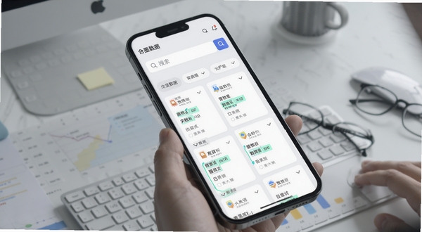 合墨数据多维度检索功能界面,手机屏幕显示搜索框与筛选标签,下方排列数据结果卡片,每张卡片带有高亮字段和分类图标,背景为浅灰工作台场景,光线柔和,突出高效检索的办公氛围