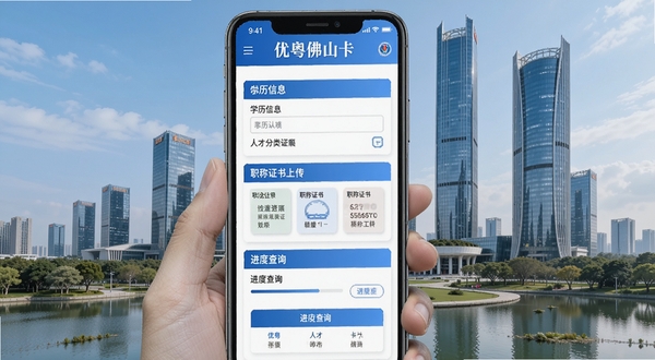 优粤佛山卡人才认定功能界面,手机屏幕展示人才分类认定申请页面,包含学历信息填写、职称证书上传、进度查询等模块,画面以蓝白配色为主,突出政务服务的专业与便捷,背景为佛山千灯湖CBD建筑群