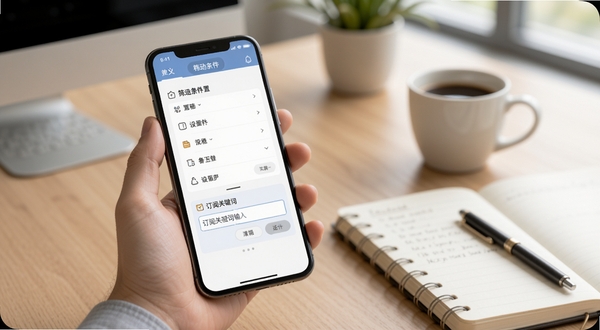 光速招标移动端操作指引示意图,画面展示一只手握持手机,屏幕上显示筛选条件设置界面与订阅关键词输入框,背景为柔和的办公桌面环境,旁边放置笔记本和咖啡杯,整体氛围轻松实用,突出移动办公场景,适配Boogu模型生成
