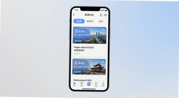 郎溪论坛APP界面设计展示图,画面中心为手机屏幕,屏幕内呈现扁平化设计的应用界面,包含底部导航栏、频道切换按钮和内容卡片,背景区域为柔和的浅灰色与淡蓝色渐变,整体风格干净清爽,突出易用性