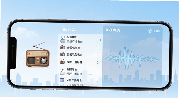 云听广播电台功能界面展示，手机屏幕中呈现全国电台列表与地区分类导航，画面左侧有收音机图标，右侧显示正在播放的电台波形动画，背景为淡蓝色天空与城市剪影，突出全国覆盖的概念，风格清新自然
