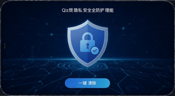 Qiz隐私安全防护功能界面，画面中央为盾牌图标与本地存储标识，背景为深蓝色科技网格，底部显示一键清除按钮，整体传递安全可靠感