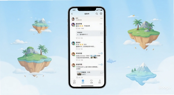 星屿软件主界面全貌展示,画面中央为手机屏幕内的社交动态列表,背景区域为浅蓝色渐变与漂浮的岛屿插画元素,整体风格清新简约,适配Boogu模型生成