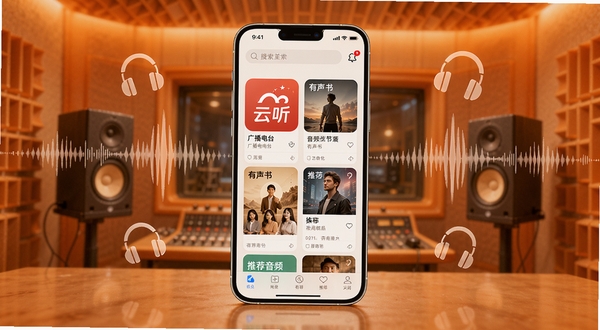 云听app主界面全景展示，画面中央是手机屏幕内显示的云听首页，包含广播电台、有声书、推荐音频节目等模块，顶部有搜索栏，背景为温暖的橙色调录音室场景，周围环绕声波纹理与耳机图标，整体风格简洁现代，超高清画质