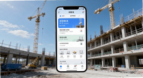 润智造APP主界面概览图,画面中央展示手机屏幕内润智造应用首页,包含项目列表卡片与功能图标,背景为现代建筑工地与蓝天,画面清晰明亮,写实风格,突出移动办公场景