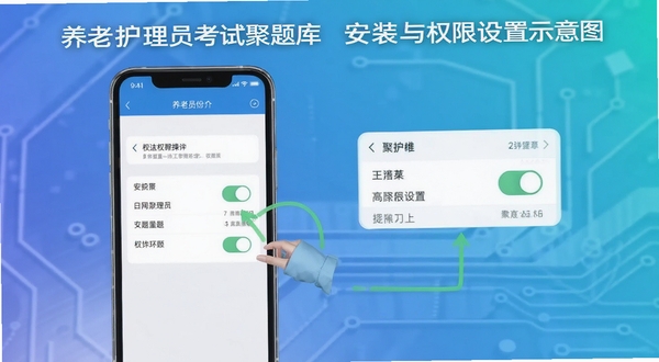 养老护理员考试聚题库安装与权限设置示意图,画面展示手机设置界面中权限开关的操作步骤,背景为简洁的科技风格渐变底色,突出操作指引