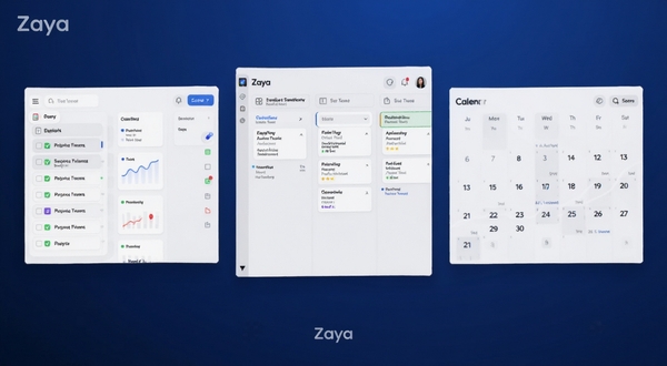 Zaya应用的多视图任务管理界面展示，画面左侧是清单列表，中间是看板分栏，右侧是日历月视图，三块屏幕以悬浮卡片形式排列在深蓝色渐变背景上，科技感与简洁感并存，UI细节精致，带Zaya字样