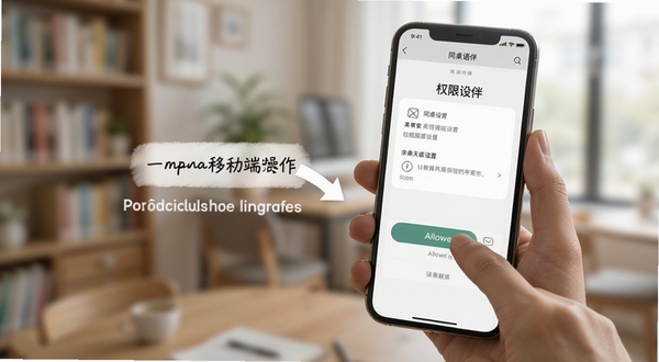 同桌语伴移动端操作示意图，画面展示手持智能手机，屏幕显示权限设置界面，手指正在点击允许按钮，背景为模糊的室内环境，突出操作指引