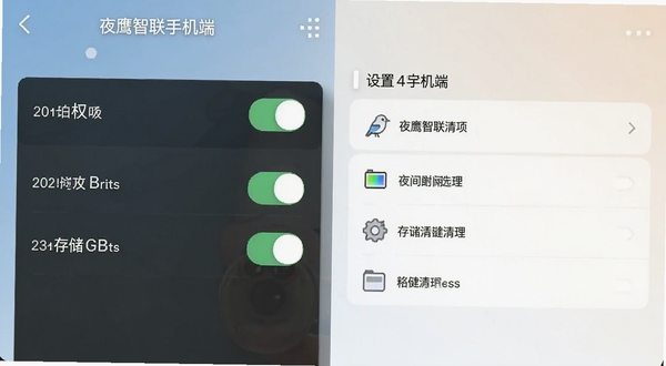 夜鹰智联手机端设置界面截图风格，画面展示权限开关与存储清理选项，背景为浅色渐变，图标清晰，整体呈现简洁实用的工具类应用视觉