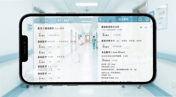 医学三基题库软件界面展示，手机屏幕中呈现基础医学题库列表与题目解析页面，背景为整洁的医院走廊虚化场景，画面明亮清晰，突出学习氛围