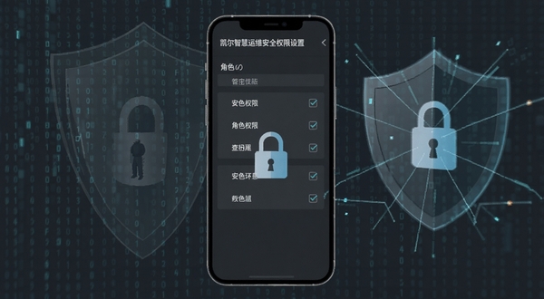 凯尔智慧运维安全权限设置界面,手机屏幕展示角色权限勾选列表与加密锁图标,背景为抽象数字矩阵与盾牌图形,深灰色调突出安全主题