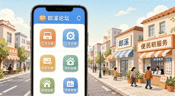 郎溪论坛APP便民服务板块示意图,画面主体为手机屏幕内展示二手交易、求职招聘、房屋租售等功能图标,背景区域为郎溪城区街景与生活服务场景插画,整体风格温馨实用,体现本地生活便利性