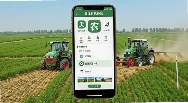 天津农机补贴app官方界面展示,手机屏幕中显示农机购置补贴申请页面,背景为天津农田与农机作业场景,扁平化设计风格,清晰明亮的色调,突出应用图标与核心功能入口