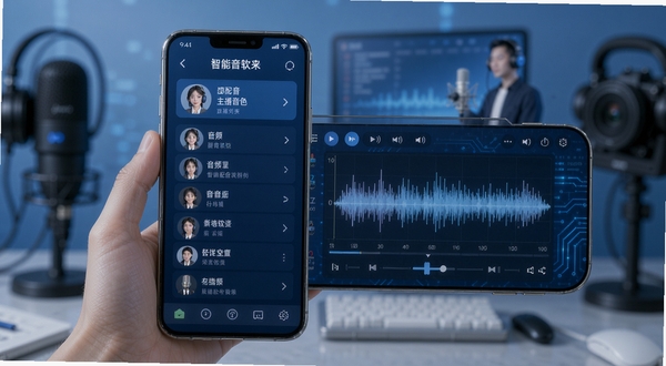 配音大咖 安卓手机界面 智能配音软件主界面 主播音色列表 音频编辑波形图 蓝色科技感背景 手机屏幕展示 高清渲染