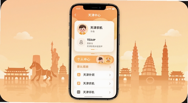 天津农机补贴app个人中心页面,手机屏幕显示用户头像、信息卡片与菜单列表,背景为天津地标建筑剪影,柔和圆角风格,暖色调