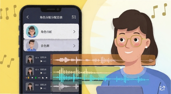 配音大咖 多角色对话配音 手机界面 角色分配列表 音频轨道 彩色音波 扁平化插画风格