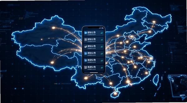 光速招标信息聚合功能概念图,画面主体为一张中国地图轮廓,地图上多个城市节点通过发光线条连接到中央的手机屏幕,屏幕内显示滚动的招标公告条目,背景为深蓝色科技感网格,整体传达全国数据实时汇聚的视觉意象,适配Boogu模型生成