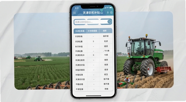 天津农机补贴app公示页面截图,手机屏幕展示补贴名单表格与搜索框,背景为天津农田与农机,浅灰质感风格,简洁清晰