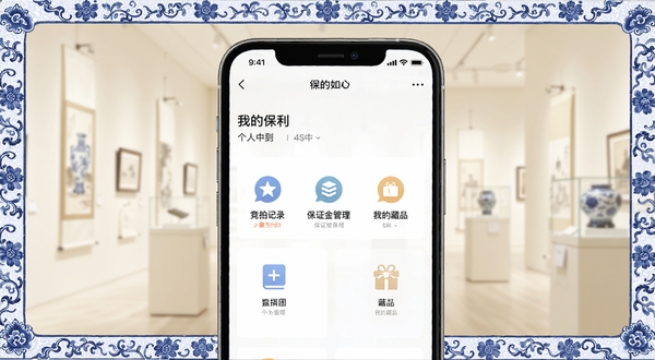 保利拍卖APP藏品管理界面示意图，画面中心为手机屏幕特写，展示“我的保利”个人中心页面，包含竞拍记录、保证金管理、我的藏品等模块图标，背景区域为柔和的米白色艺术展厅虚化效果，点缀青花瓷纹样边框，风格简洁商务。