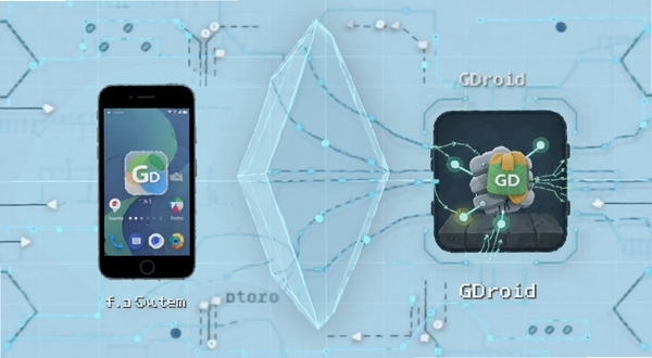 GDroid 虚拟空间隔离原理示意图，画面左侧为手机主机系统图标，右侧为GDroid虚拟环境图标，两者之间有一道透明防护罩，背景为浅蓝色科技网格，突出数据隔离概念，适配Boogu模型生成