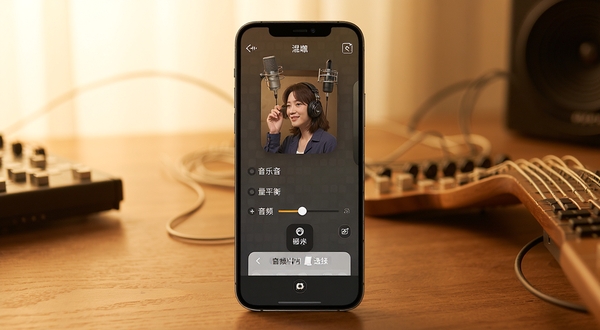 配音大咖 背景音乐混音 音量平衡滑块 音频导出格式选择 手机APP界面 暖色调 木质桌面背景