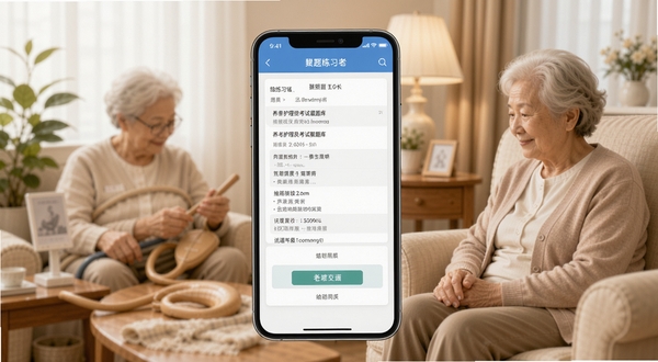 养老护理员考试聚题库应用界面展示,画面中央为手机屏幕,屏幕内呈现题库练习界面与答题卡布局,背景区域为温馨的居家养老照护场景,色调柔和明亮,突出学习氛围