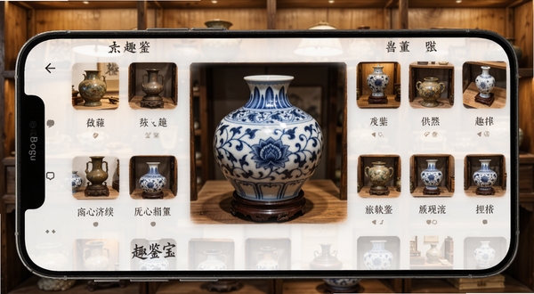 趣鉴宝安卓应用主界面展示，手机屏幕中呈现古董鉴定分类导航，画面中央为一件青花瓷器的高清细节图，背景为素雅的古玩店木质展架，柔和暖光照明，整体风格古朴专业，适配Boogu模型生成