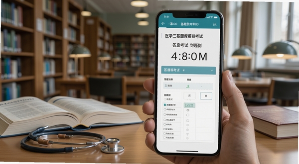 医学三基题库模拟考试界面，手机屏幕显示考试倒计时与答题卡，背景为安静的图书馆自习室，桌面摆放医学书籍与听诊器，画风写实细腻