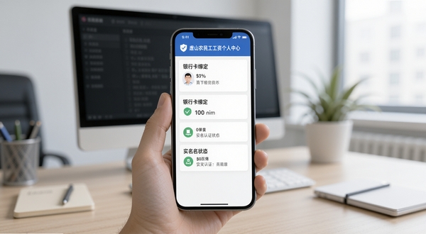 唐山农民工工资个人中心页面展示,画面主体是手机屏幕,屏幕内显示个人信息、银行卡绑定、实名认证状态等模块,背景是简洁的办公桌面环境,色调柔和,突出安全可靠的感觉,适配Boogu模型生成
