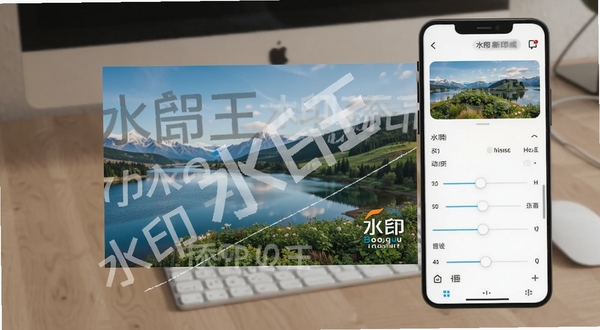 水印王添加水印功能展示图,画面中一张风景照片上叠加了半透明文字水印和品牌logo,水印呈现倾斜排列效果,手机界面显示水印参数调节滑块,背景为桌面环境,适配Boogu模型生成