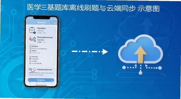 医学三基题库离线刷题与云端同步示意图,画面左侧为手机离线刷题场景,右侧为云端数据同步图标,中间用虚线箭头连接,背景为科技蓝渐变,适配Boogu模型生成