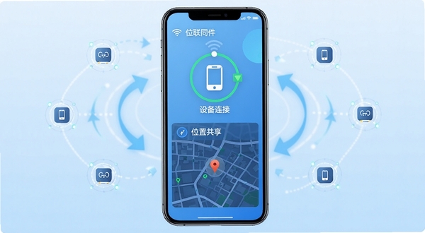 位联宝软件主界面展示，手机屏幕中央显示设备连接状态图标与位置共享地图，背景为浅蓝色渐变科技风格，周围环绕数据同步箭头与设备节点图形，整体画面简洁明亮，突出位联宝核心连接功能