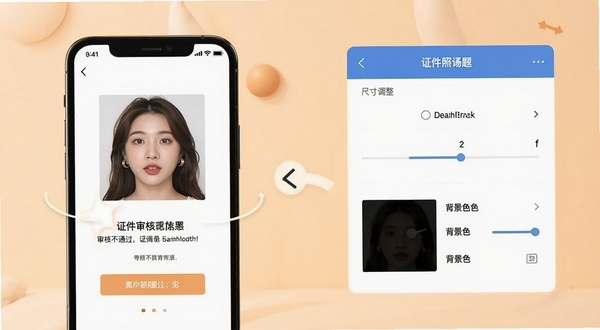 证件照专业版用户问答场景示意图，画面左侧为手机显示审核不通过提示，右侧为软件内尺寸调整面板与背景色参数，背景为浅橙色柔和色调，突出解决问题导向