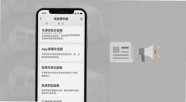天津农机补贴app政策资讯列表页面,手机屏幕展示多条政策标题与摘要,旁边有报纸与喇叭的扁平图标,素雅极简风格,浅灰色调