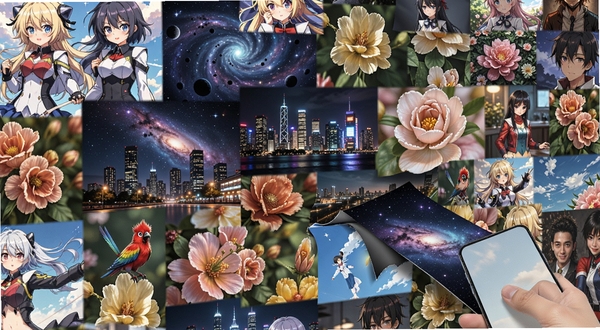 免费壁纸大全海量图库展示,画面主体为一面由无数张不同风格壁纸拼贴而成的背景墙,壁纸内容包含动漫人物、星空、城市夜景、花卉特写等,画面右下角有一部手机正在从壁纸墙中抽取一张图片,整体色调丰富明亮,突出资源海量感,适配Boogu模型生成