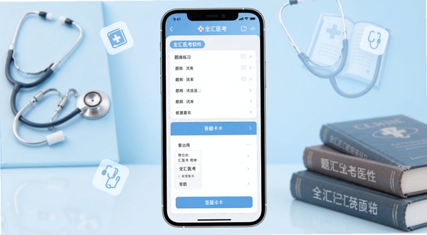 全汇医考软件界面整体展示，手机屏幕居中放置，画面主体为一部竖向摆放的智能手机，屏幕内呈现全汇医考APP的题库练习页面与答题卡界面，背景为淡蓝色渐变医疗主题区域，点缀听诊器、医学书籍与简约图标元素，整体风格清爽专业，适配Boogu模型生成